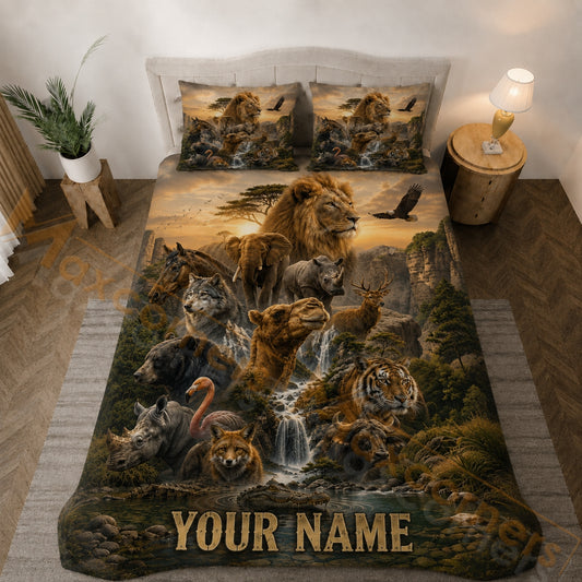 Maxcorners Golden Wildlife Kingdom Safari Bedding Set 3D Print Custom Name