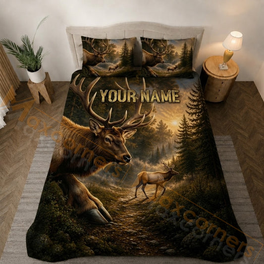 Maxcorners Elk Forest Sunset Bedding Set 3D Print Custom Name
