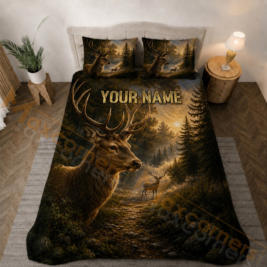 Maxcorners Deer Forest Sunset Bedding Set 3D Print Custom Name