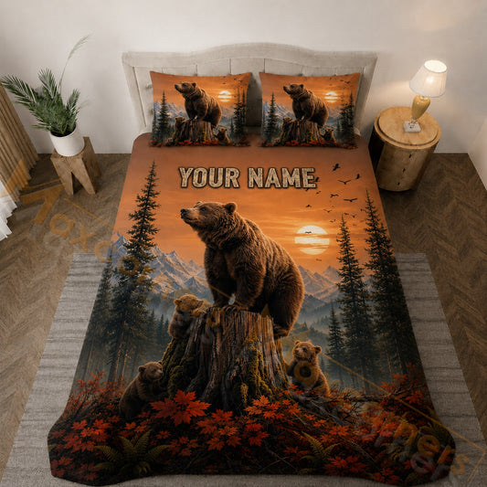 Maxcorners Orange Sunset Bear Family Forest Bedding Set 3D Print Custom Name