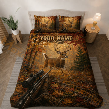 Maxcorners Autumn Deer Hunting Forest Bedding Set 3D Print Custom Name