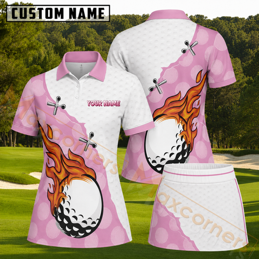 Maxcorners Pink Flaming Golf Ball Pattern Personalized Name 3D Golf Shirt and Skirt