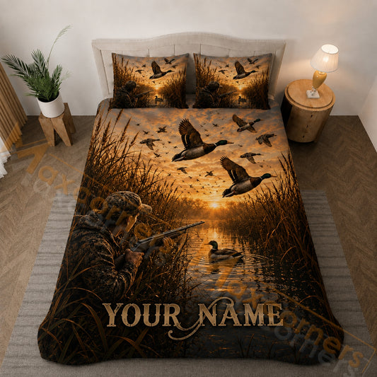 Maxcorners Mallard Duck Hunting Golden Wetland Bedding Set 3D Print Custom Name
