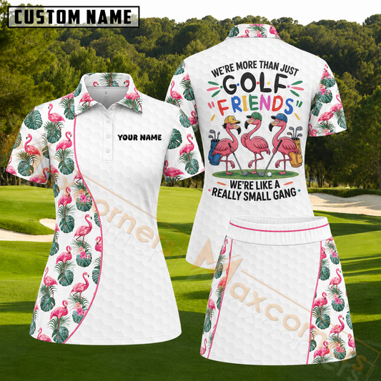 Maxcorners White Tropical Flamingo Golf Friends Personalized Name 3D Golf Shirt and Skirt