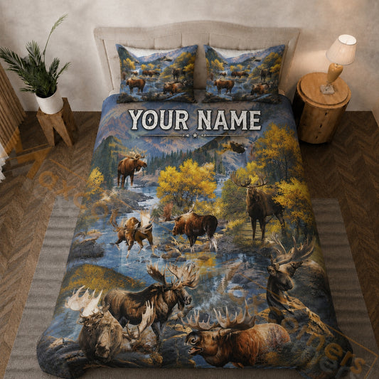 Maxcorners Blue & Golden Moose Mountain Wildlife Bedding Set 3D Print Custom Name