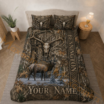 Maxcorners Personalized Elk Hunting Bedding Set Camo Deer Skull Hunter Custom Name