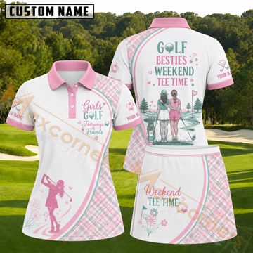 Maxcorners White Pink Teal Plaid Golf Besties Weekend Tee Time Personalized Name 3D Golf Shirt and Skirt