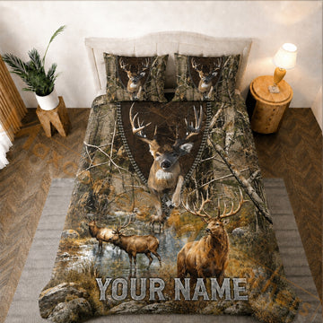 Maxcorners Camo Whitetail Deer Elk Forest Brown Green Bedding Set 3D Print Custom Name