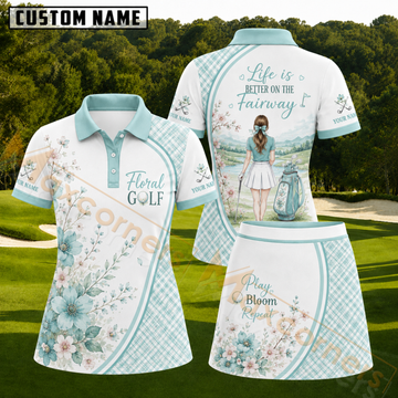 Maxcorners Mint Blue Plaid Play Bloom Repeat Floral Personalized Name 3D Golf Shirt and Skirt