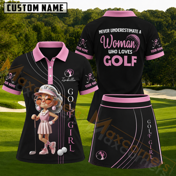 Maxcorners Black Pink Never Underestimate A Woman Who Loves Golf Personalized Name 3D Golf Shirt and Skirt