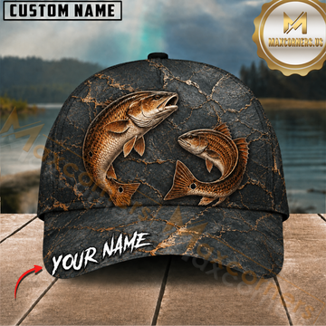 Maxcorners Fishing Dual Redfish Charcoal Black Marble Customized Name 3D Cap