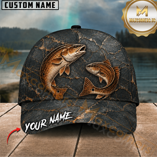 Maxcorners Fishing Dual Redfish Charcoal Black Marble Customized Name 3D Cap