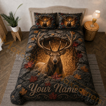 Maxcorners Wild Elk Autumn Forest Rocky Cave Dark Brown Bedding Set 3D Print Custom Name