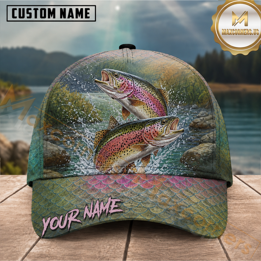 Maxcorners Fishing Dual Jumping Rainbow Trout Moss Green Customized Name 3D Cap