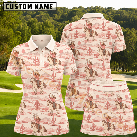 Maxcorners Blush Pink Western Cowgirl and Cactus Pattern 3D Golf Shirt and Skirt
