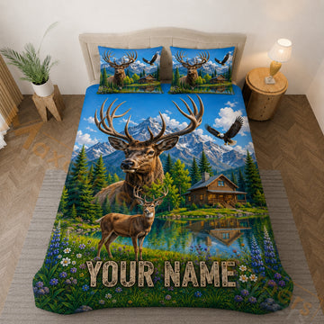 Maxcorners Deer Hunting Blue Sky Lake Forest Bedding Set 3D Print Custom Name