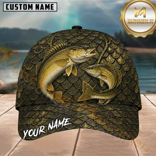 Maxcorners Fishing Dual Walleye Olive Gold Customized Name 3D Cap