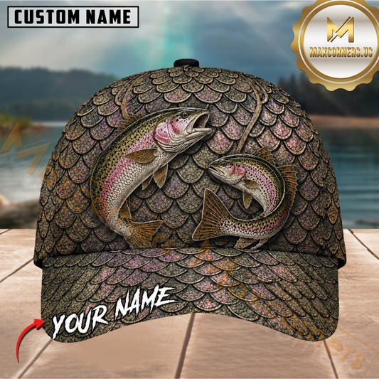 Maxcorners Fishing Dual Rainbow Trout Rustic Bronze Customized Name 3D Cap