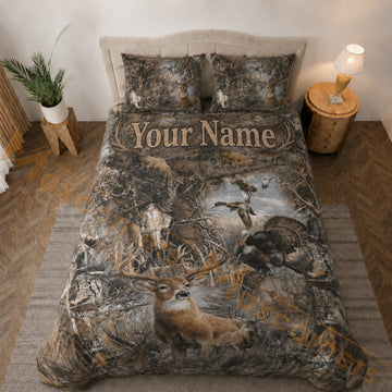 Maxcorners Wildlife Deer Duck Turkey Antler Camo Brown Gray Bedding Set 3D Print Custom Name