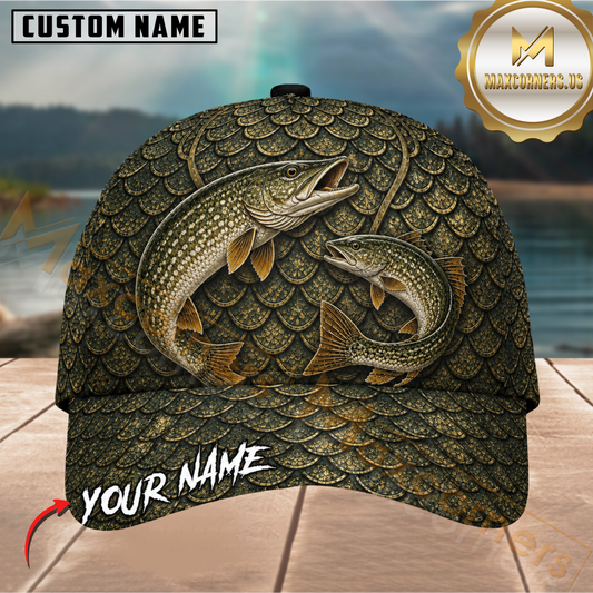 Maxcorners Fishing Dual Northern Pike Olive Green Customized Name 3D Cap