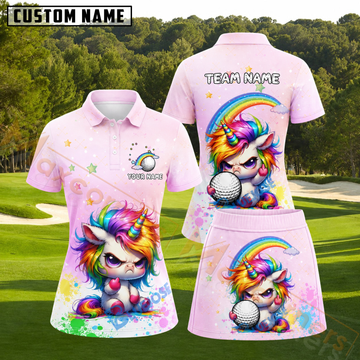Maxcorners Pink Angry Rainbow Unicorn Personalized Name 3D Golf Shirt and Skirt