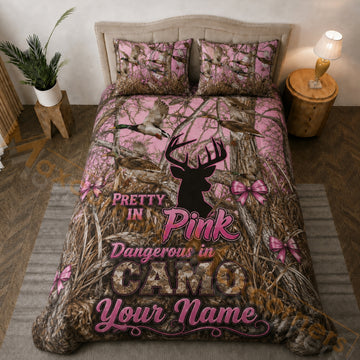 Maxcorners Pink Camo Deer Duck Hunting Bow Brown Bedding Set 3D Print Custom Name