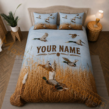 Maxcorners Waterfowl Duck Hunting Reeds Sky Blue Brown Bedding Set 3D Print Custom Name