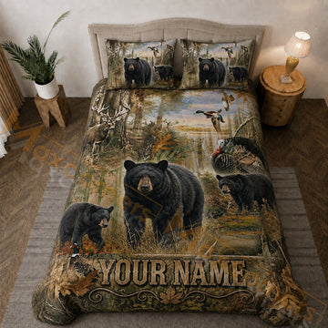 Maxcorners Wildlife Black Bear Deer Turkey Duck Forest Brown Green Bedding Set 3D Print Custom Name