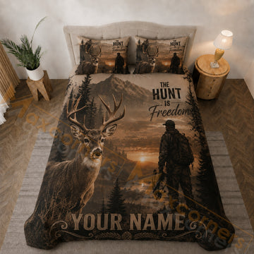 Maxcorners Deer Hunter Mountain Forest Brown Sunset Bedding Set 3D Print Custom Name