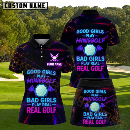 Maxcorners Neon Good Girls Play Minigolf Bad Girls Play Real Golf Personalized Name 3D Golf Shirt and Skirt