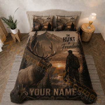 Maxcorners Elk Hunter Mountain Forest Brown Sunset Bedding Set 3D Print Custom Name