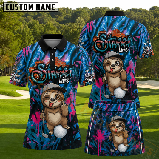 Maxcorners Graffiti Street Life Sloth Personalized Name 3D Golf Shirt and Skirt