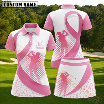 Maxcorners Pink Breast Cancer Awareness Ribbon Personalized Name 3D Golf Shirt and Golf Skirt