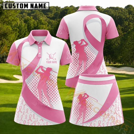 Maxcorners Pink Breast Cancer Awareness Ribbon Personalized Name 3D Golf Shirt and Golf Skirt