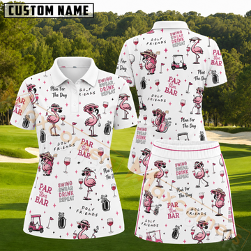 Maxcorners Pink Flamingo Golf and Wine Pattern 3D Golf Shirt and Skirt (No Personalized Name)