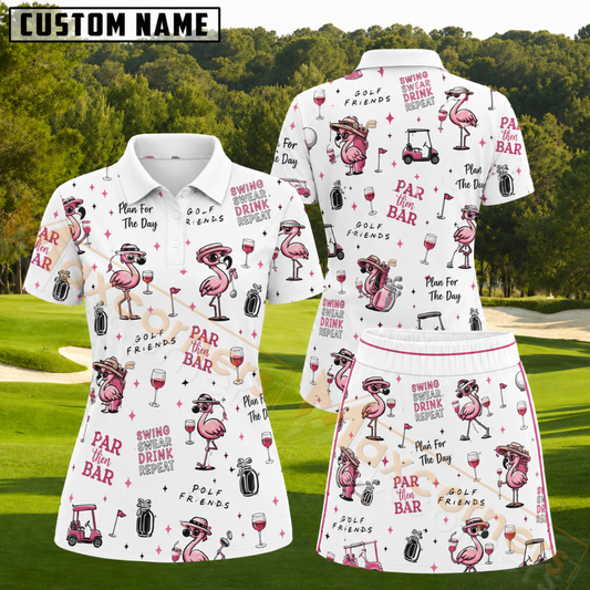 Maxcorners Pink Flamingo Golf and Wine Pattern 3D Golf Shirt and Skirt