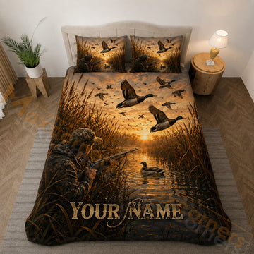 Maxcorners Mallard Duck Hunting Golden Wetland Bedding Set 3D Print Custom Name