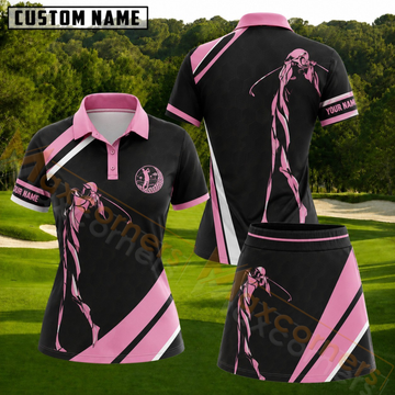 Maxcorners Black Pink Lady Golfer Personalized Name 3D Golf Shirt and Golf Skirt