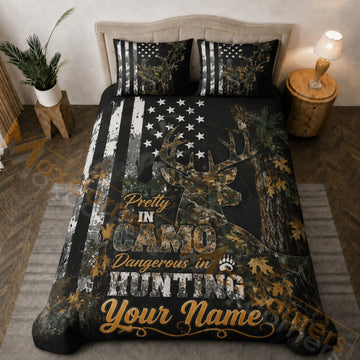 Maxcorners Camo Deer American Flag Black Hunting Bedding Set 3D Print Custom Name