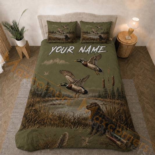 Maxcorners Olive Green Brown Mallard Duck Hunting Marsh Bedding Set 3D Print Custom Name