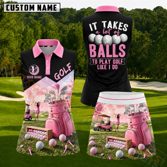 Maxcorners Pink Black Golf Lifestyle Personalized Name 3D Golf Shirt and Golf Skirt