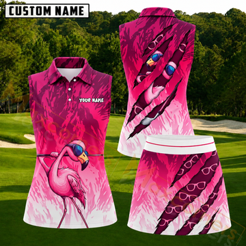 Maxcorners Tropical Pink Flamingo Personalized Name 3D Golf Shirt and Golf Skirt