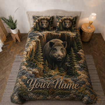 Maxcorners Brown Green Boar Rocky Forest Bedding Set 3D Print Custom Name