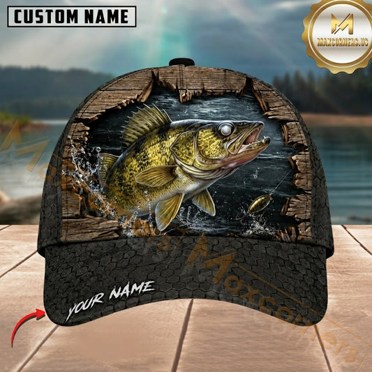Maxcorners Fishing Rustic Wood Frame Black Scale Customized Name 3D Cap