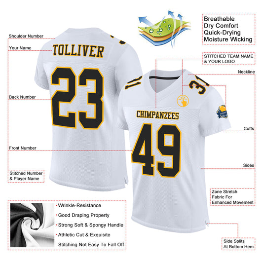 Maxcorners Custom White Black-Gold Mesh Authentic Classic Football Jersey LM2605