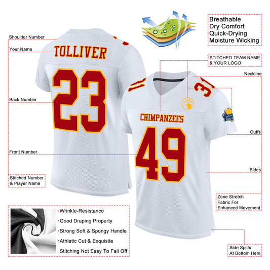 Maxcorners Custom White Red-Gold Mesh Authentic Football Jersey LM2605
