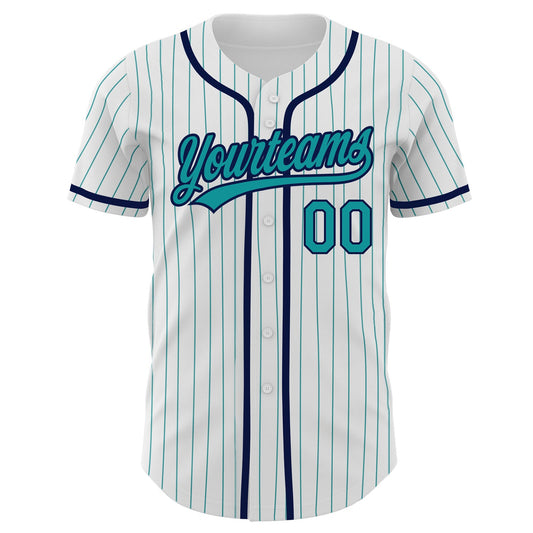 Maxcorners Custom White Teal Pinstripe Teal-Navy Authentic Baseball Jersey LM2605