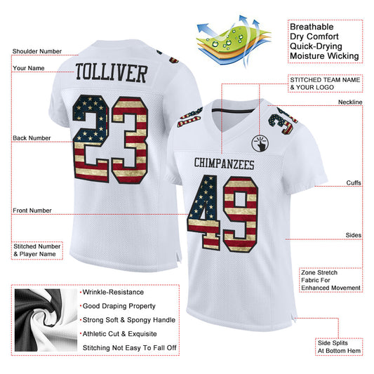 Maxcorners Custom White Vintage USA Flag-Black Mesh Authentic Football Jersey LM2605