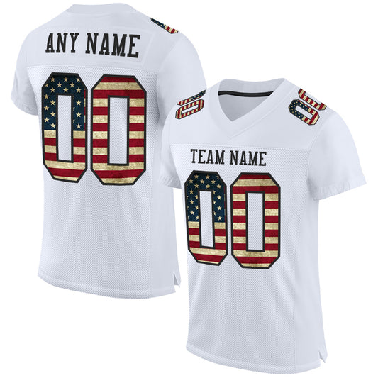 Maxcorners Custom White Vintage USA Flag-Black Mesh Authentic Football Jersey LM2605