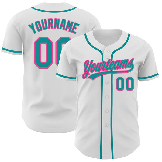 Maxcorners Custom White Teal-Pink Authentic Baseball Jersey LM2605